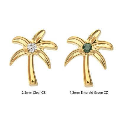 24Kt Gold PVD Titanium Threadless Low Profile 3D Palm Tree Top With Prong Set Gem