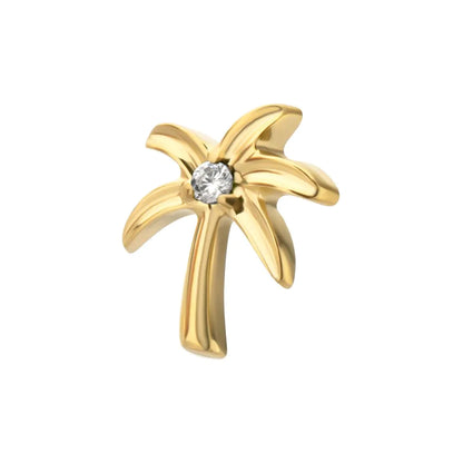 24Kt Gold PVD Titanium Threadless Low Profile 3D Palm Tree Top With Prong Set Gem