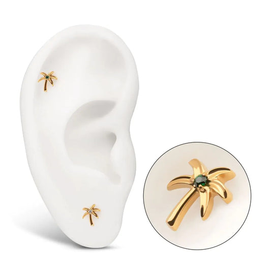 24Kt Gold PVD Titanium Threadless Low Profile 3D Palm Tree Top With Prong Set Gem