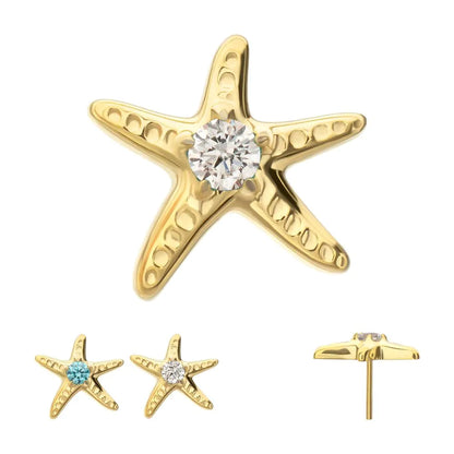 24Kt Gold PVD Titanium Threadless Low Profile 3D Starfish Top with Prong Set Gem