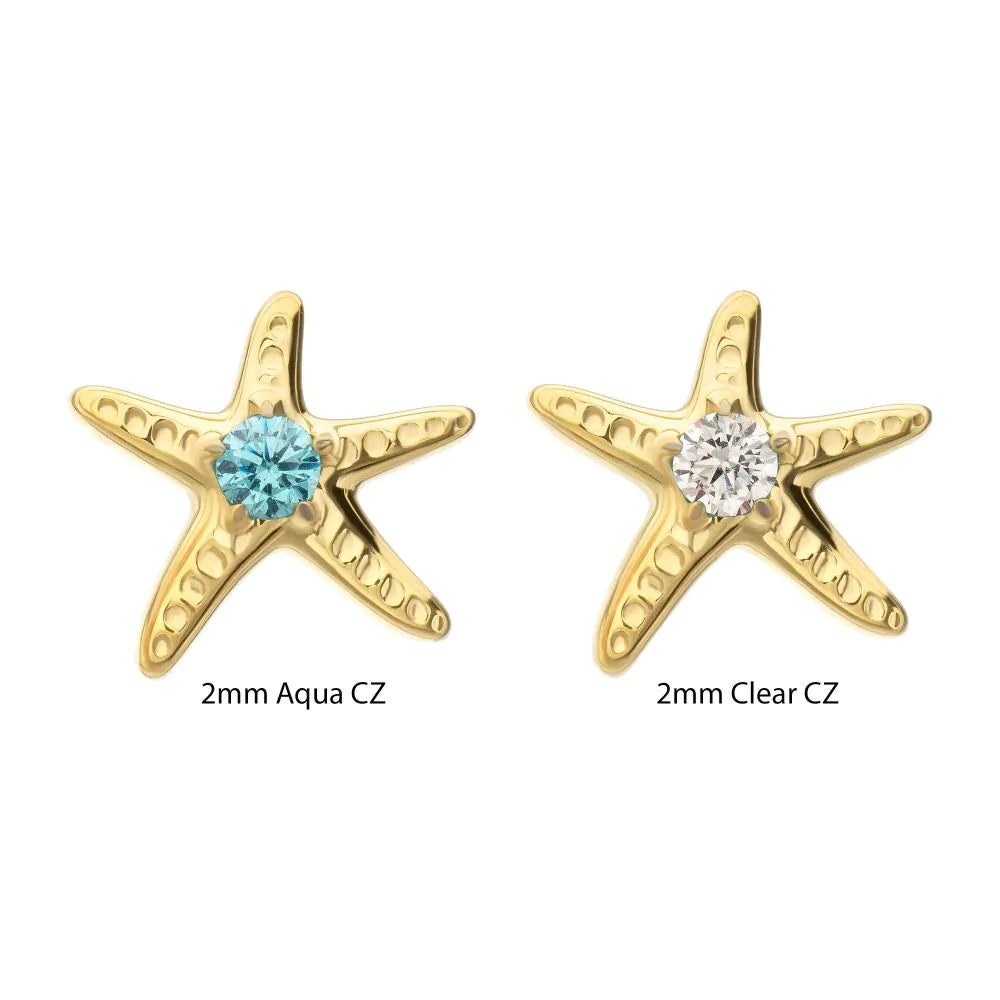 24Kt Gold PVD Titanium Threadless Low Profile 3D Starfish Top with Prong Set Gem