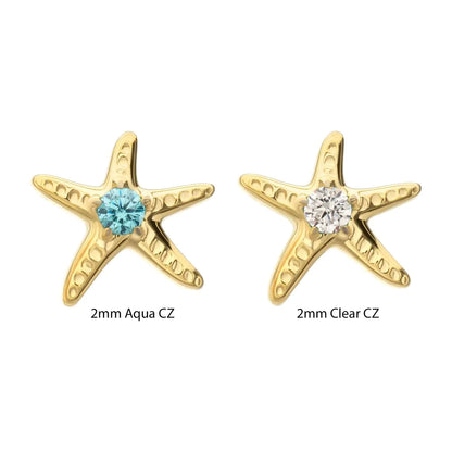 24Kt Gold PVD Titanium Threadless Low Profile 3D Starfish Top with Prong Set Gem