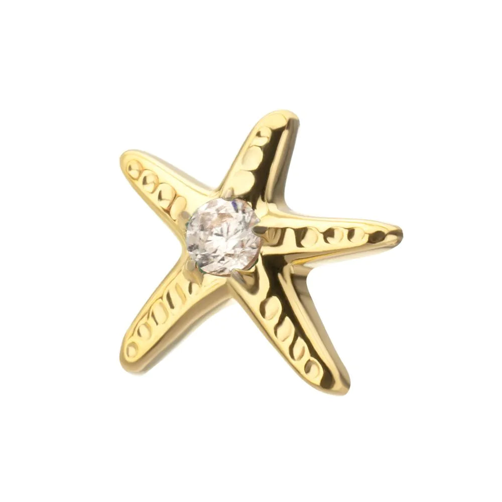 24Kt Gold PVD Titanium Threadless Low Profile 3D Starfish Top with Prong Set Gem