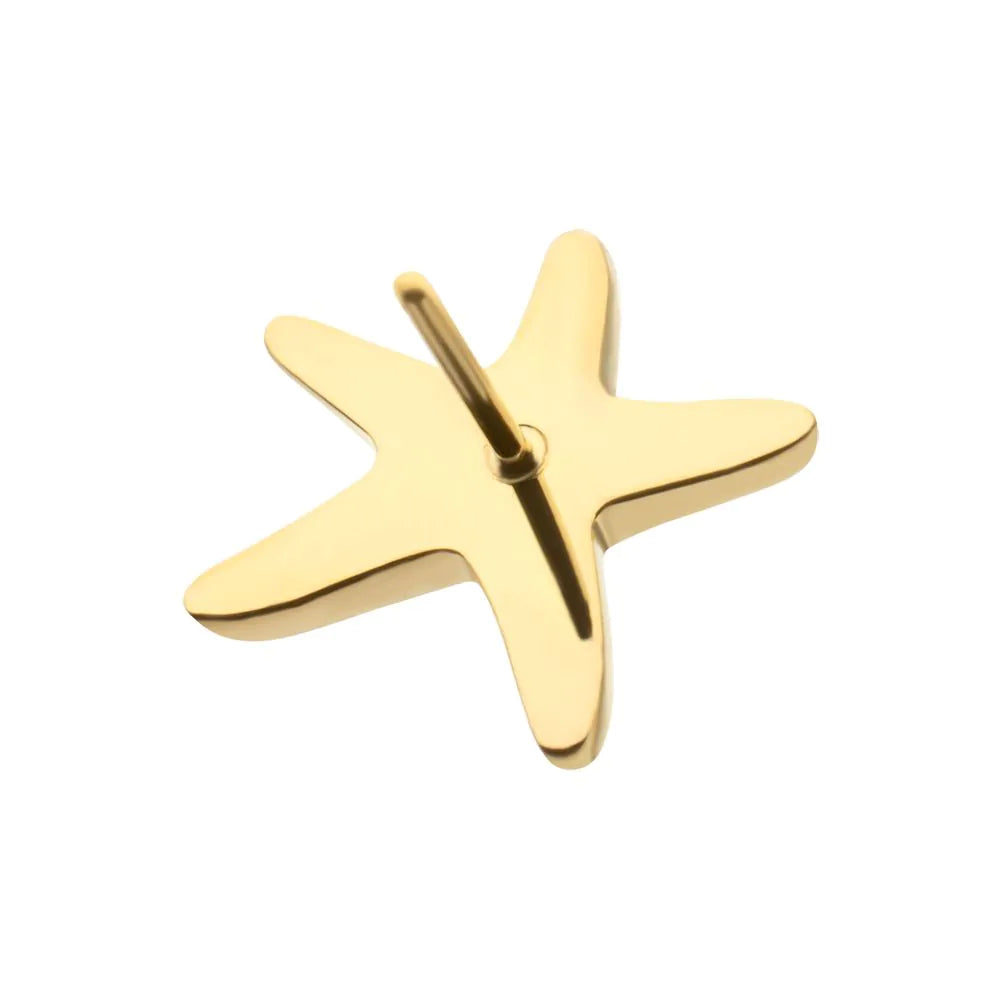 24Kt Gold PVD Titanium Threadless Low Profile 3D Starfish Top with Prong Set Gem