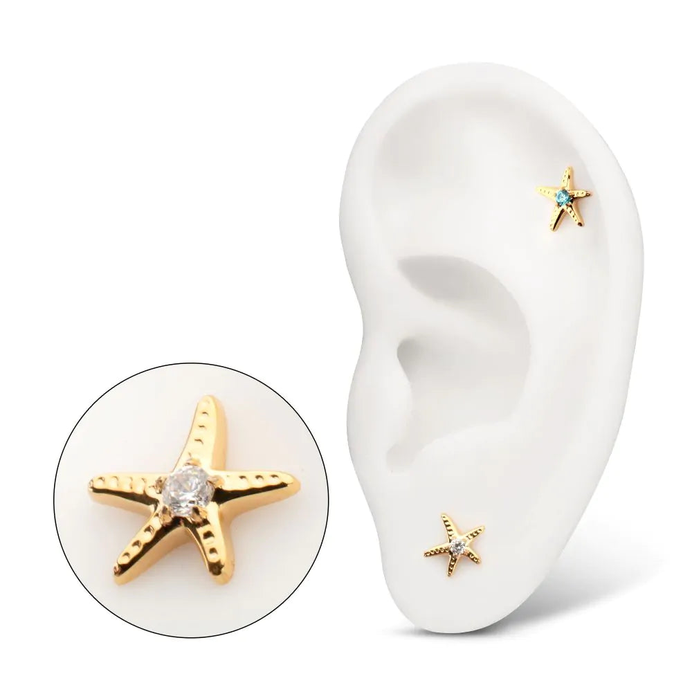 24Kt Gold PVD Titanium Threadless Low Profile 3D Starfish Top with Prong Set Gem