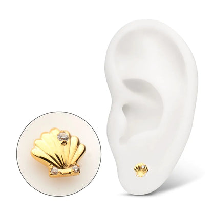 24Kt Gold PVD Titanium Threadless Low Profile 3D Shell Top with Prong Set Gem