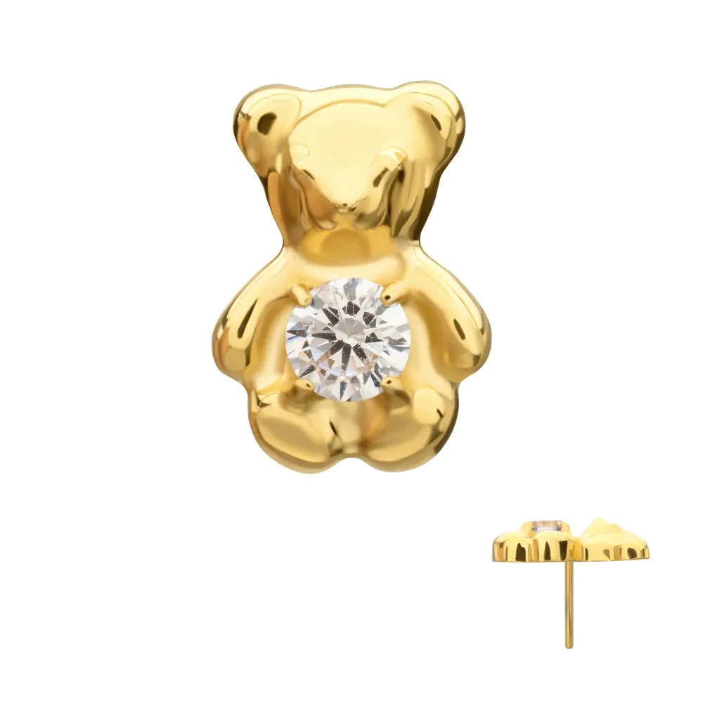 24Kt Gold PVD Titanium Threadless Prong Set Gem Teddy Bear Top