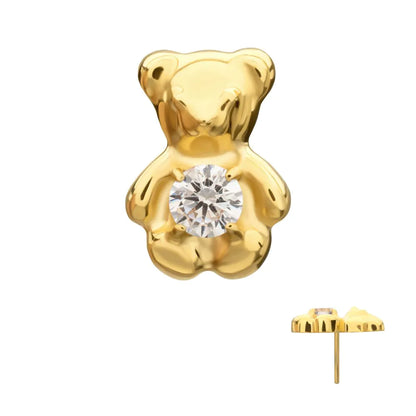 24Kt Gold PVD Titanium Threadless Prong Set Gem Teddy Bear Top