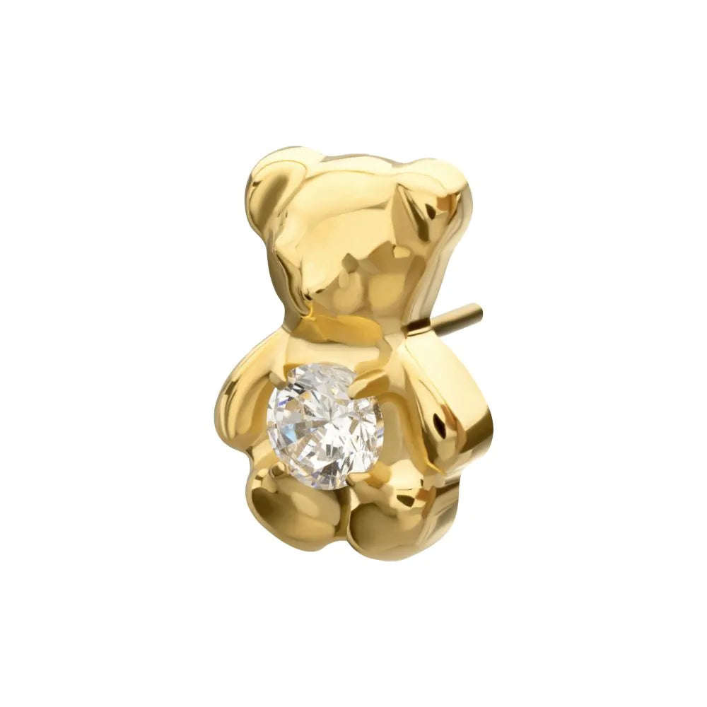 24Kt Gold PVD Titanium Threadless Prong Set Gem Teddy Bear Top