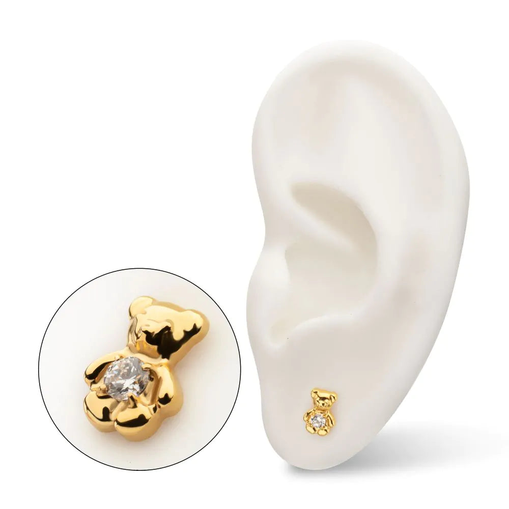 24Kt Gold PVD Titanium Threadless Prong Set Gem Teddy Bear Top