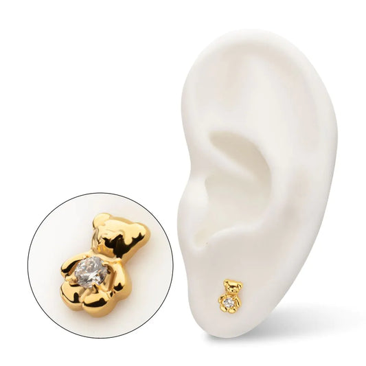 24Kt Gold PVD Titanium Threadless Prong Set Gem Teddy Bear Top