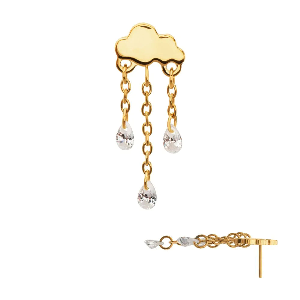 24Kt Gold PVD Titanium Threadless Cloud Top with Triple Floating CZ Dangle