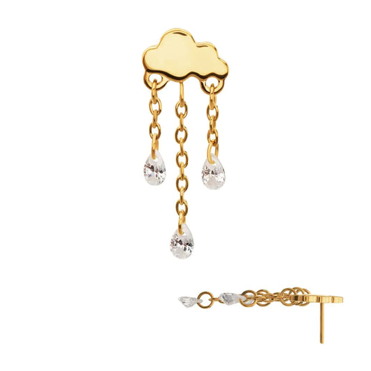 24Kt Gold PVD Titanium Threadless Cloud Top with Triple Floating CZ Dangle
