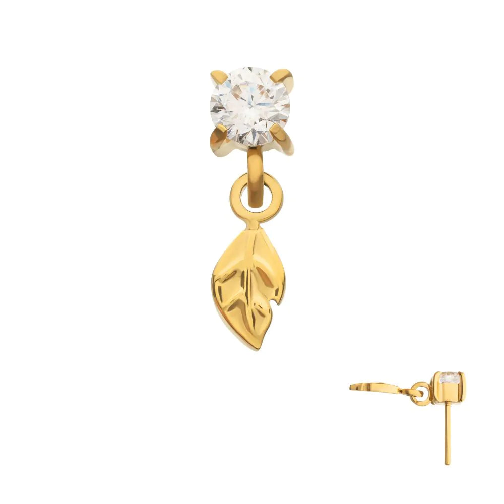 24kt Gold PVD Titanium Threadless 4-Prong Set Gem Top with Leaf Dangle