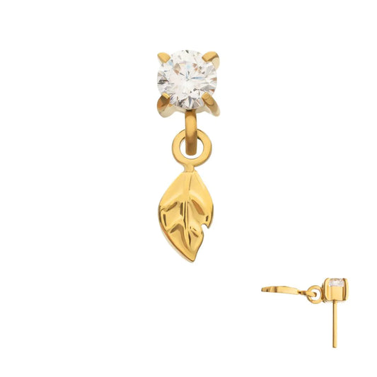 24kt Gold PVD Titanium Threadless 4-Prong Set Gem Top with Leaf Dangle