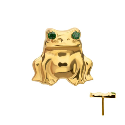24kt Gold PVD Titanium Threadless Prong Set Emerald Green Gem Frog Top