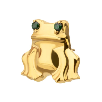 24kt Gold PVD Titanium Threadless Prong Set Emerald Green Gem Frog Top