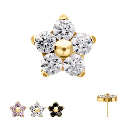 24Kt Gold PVD Titanium Threadless Prong Set Gem 5-Petal Flower Top