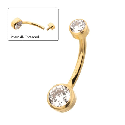 24Kt Gold PVD Titanium Internally Threaded Double Bezel Round with Smooth Rounded Back & Fixed Bottom Navel