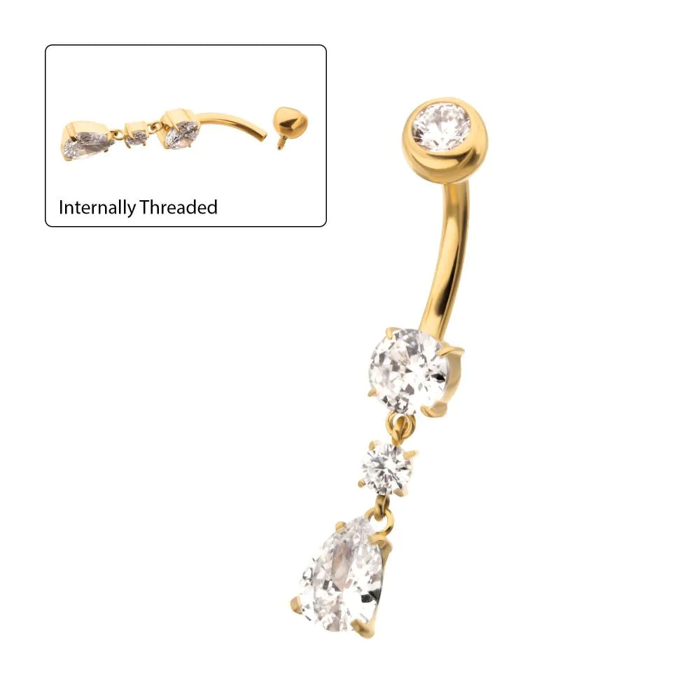 24Kt Gold PVD Titanium Internally Threaded Double Dangle Prong Set Round and Teadrop Gem Navel