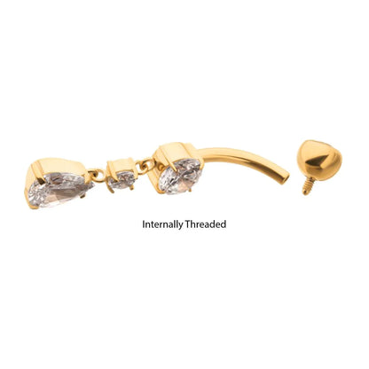 24Kt Gold PVD Titanium Internally Threaded Double Dangle Prong Set Round and Teadrop Gem Navel