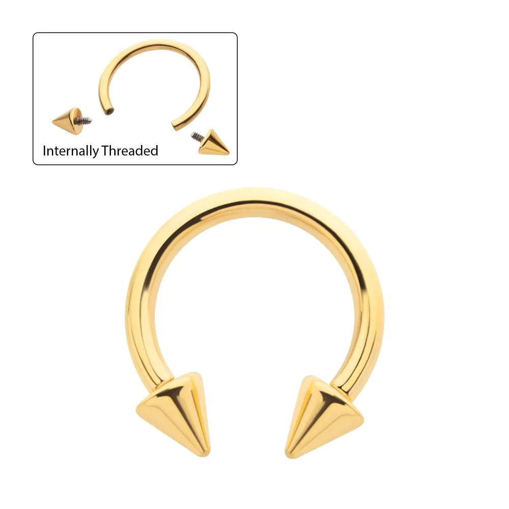 24Kt Gold PVD Titanium Internally Threaded Spike Ends Circular Barbell