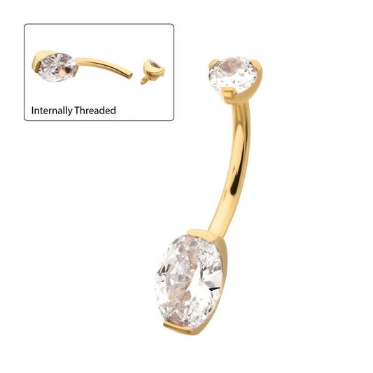 24Kt Gold PVD Titanium Internally Threaded Double Gem with Prong Set Oval Fixed Bottom Navel