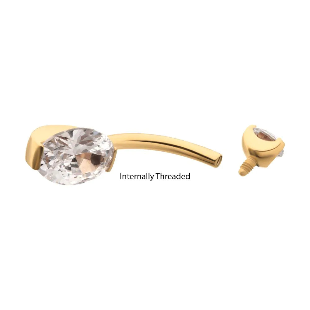 24Kt Gold PVD Titanium Internally Threaded Double Gem with Prong Set Oval Fixed Bottom Navel