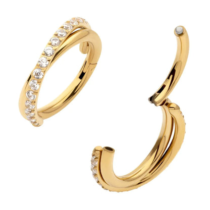 24Kt Gold PVD Titanium Double Hoop Side Facing Hinged Segment Clicker with CNC Set Round CZ