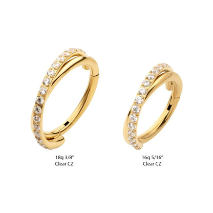 24Kt Gold PVD Titanium Double Hoop Side Facing Hinged Segment Clicker with CNC Set Round CZ