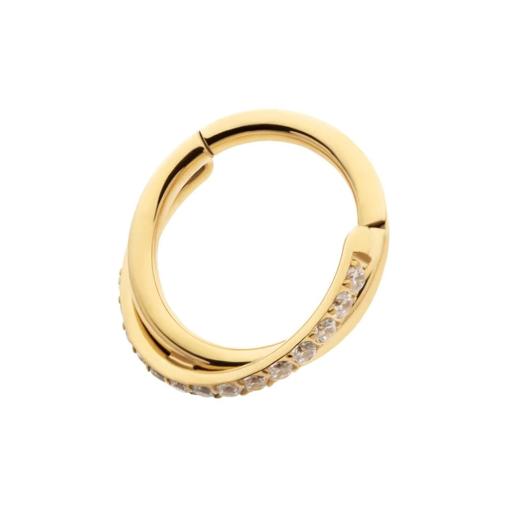 24Kt Gold PVD Titanium Double Hoop Side Facing Hinged Segment Clicker with CNC Set Round CZ