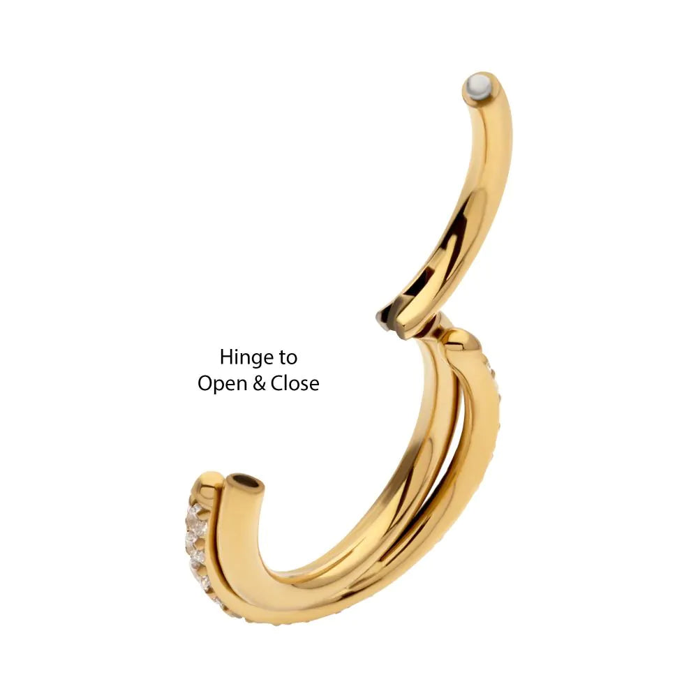 24Kt Gold PVD Titanium Double Hoop Side Facing Hinged Segment Clicker with CNC Set Round CZ