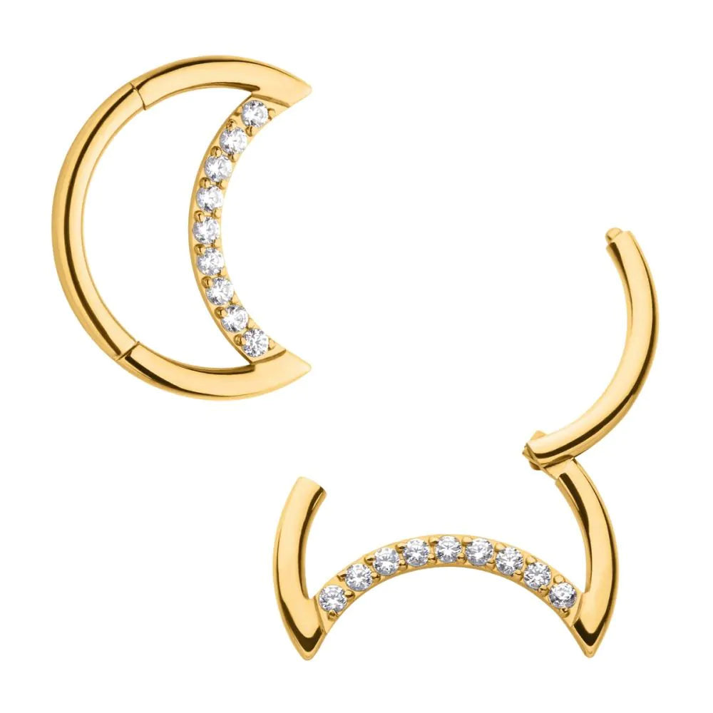 24Kt Gold PVD Titanium Crescent Moon with CZ Front Facing Hinged Segment Clicker