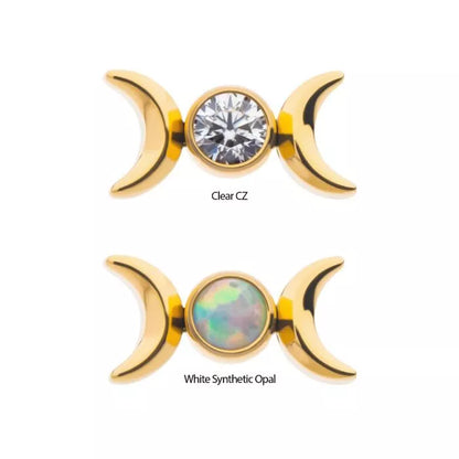24Kt Gold PVD Titanium Threadless Triple Moon Phase with CZ/Opal Top
