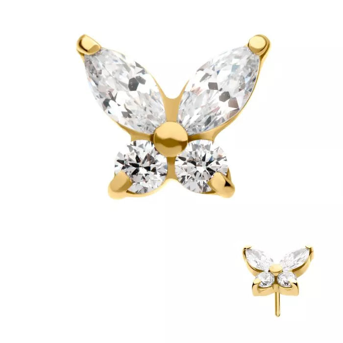 24Kt Gold PVD Titanium Threadless Prong Set Marquise & Round CZ Butterfly Top