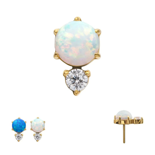 24Kt Gold PVD Threadless Prong Set Double Round Gem and Synthetic Opal Top