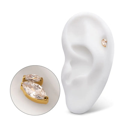 24Kt Gold PVD Titanium Threadless V-Prong Dual Marquise CZ Gem Top