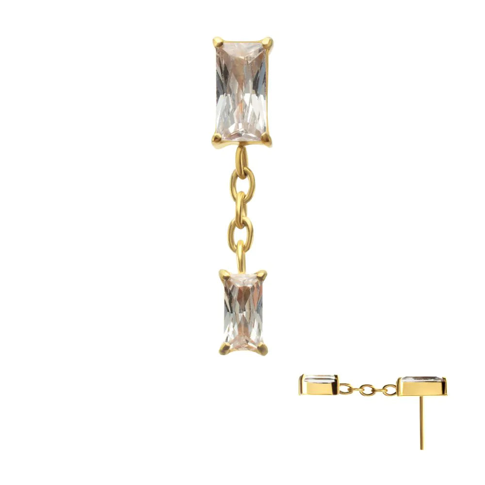 24Kt Gold PVD Titanium Threadless Double Baguette Prong Set Gem Dangle Top