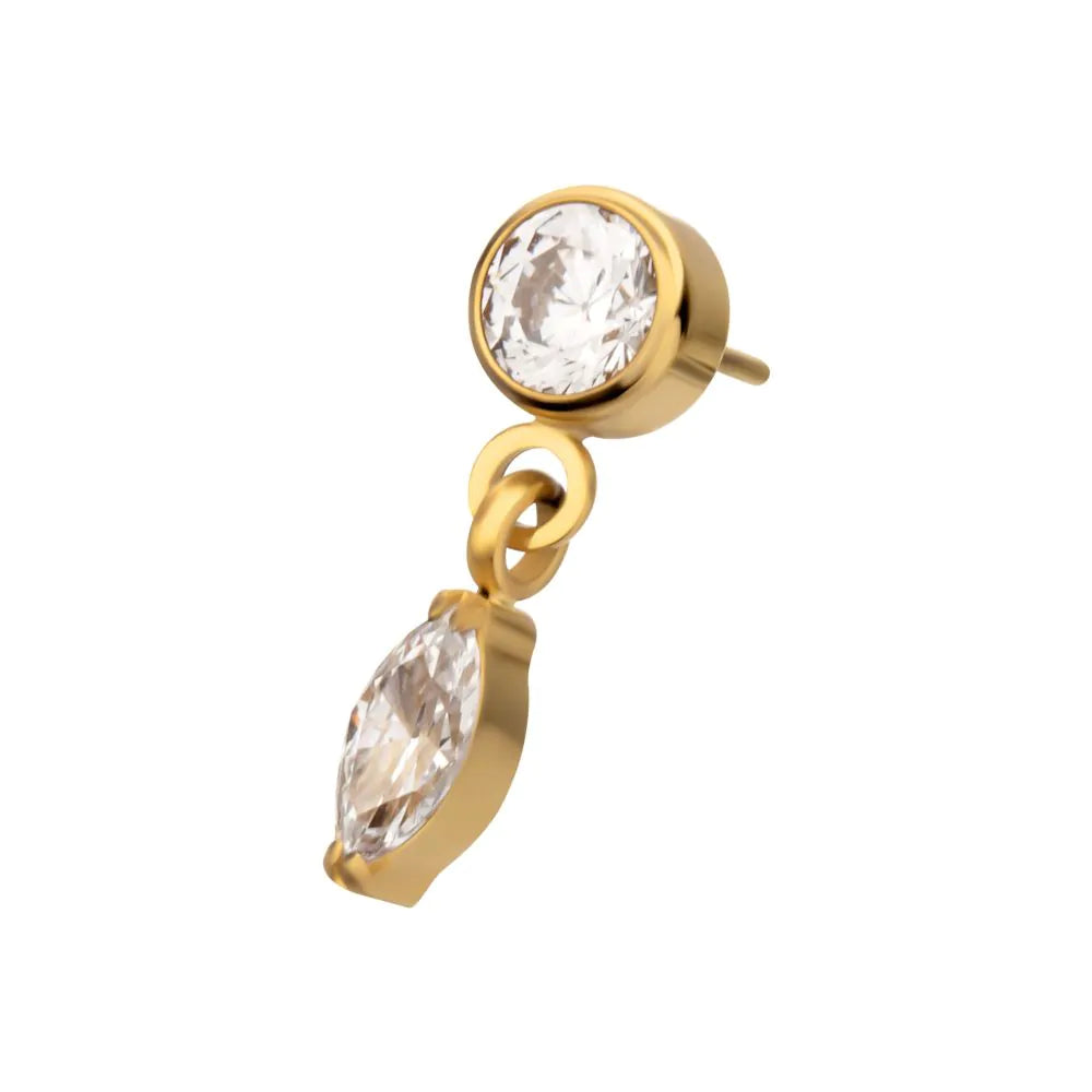 24KT Gold PVD Titanium Threadless Bezel Gem Top with Marquise Dangle