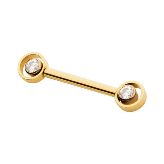 24Kt Gold PVD Titanium Threadless Bezel Round CZ Orbit Nipple Barbell | Sold by piece
