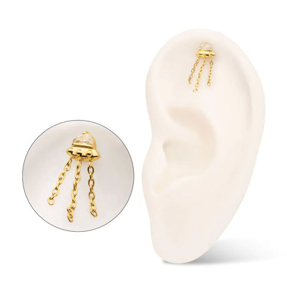 24KT Gold PVD Titanium Threadless 3D UFO Gem Top with Small Triple Chain Dangle