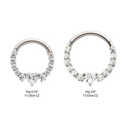 Titanium Clustered Prong Set Round CZ with Center Heart CZ Front Facing Hinged Segment Clicker