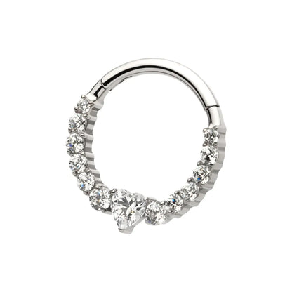 Titanium Clustered Prong Set Round CZ with Center Heart CZ Front Facing Hinged Segment Clicker