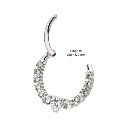 Titanium Clustered Prong Set Round CZ with Center Heart CZ Front Facing Hinged Segment Clicker