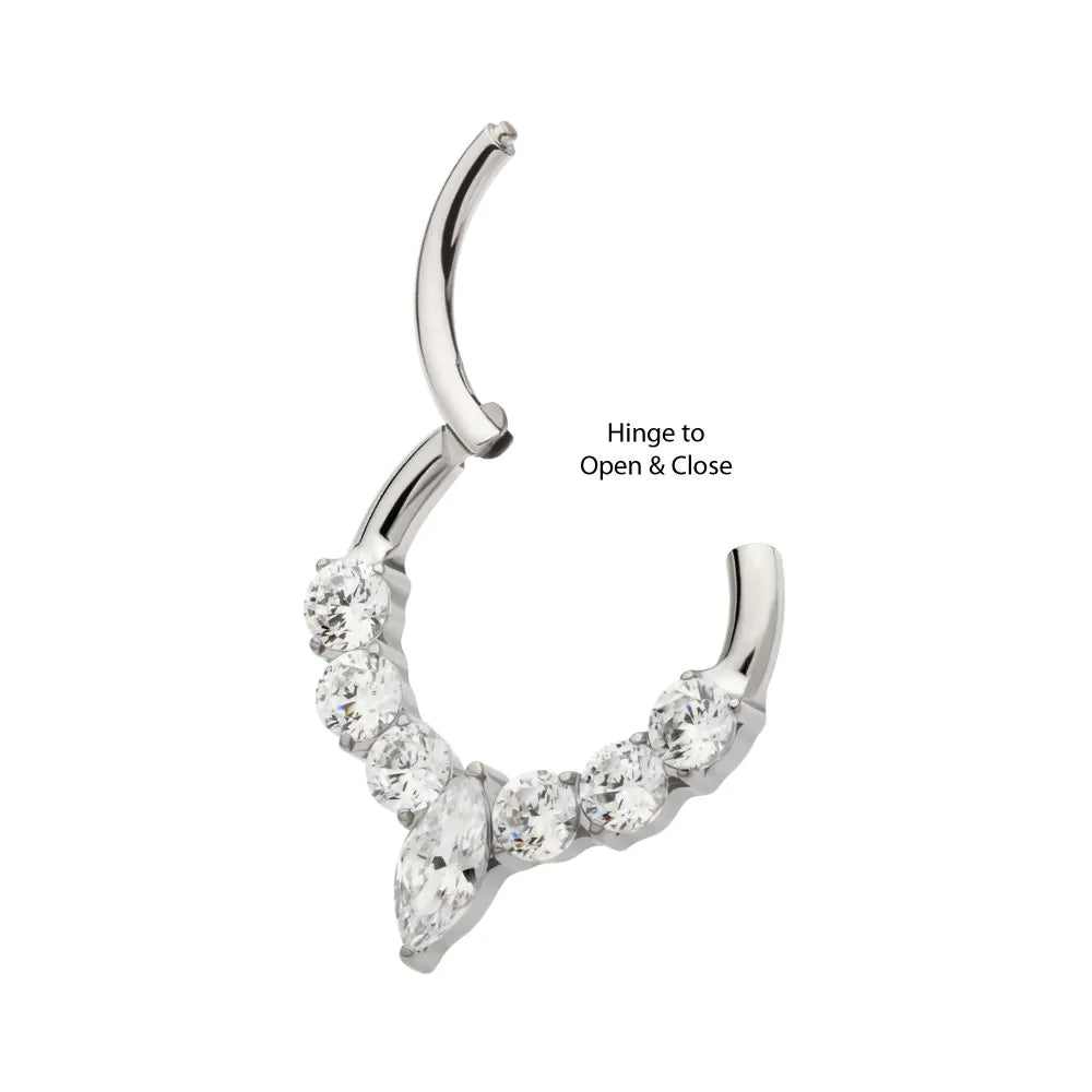 Titanium Clustered Prong Set Round CZ with Center Marquise CZ Front Facing Hinged Segment Clicker