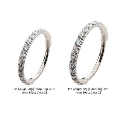 20g Titanium Pin with Side Facing Prong Set 1mm CNC Set Clear CZ Eternity Gem Hinged Hoop