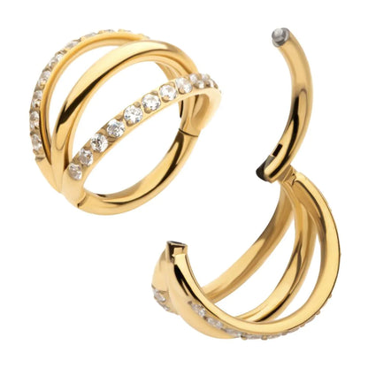 24Kt Gold PVD Titanium Triple Hoop with 1mm CNC Set Round Gem in 2 Alternate Hoops Side Facing Hinged Segment Clicker