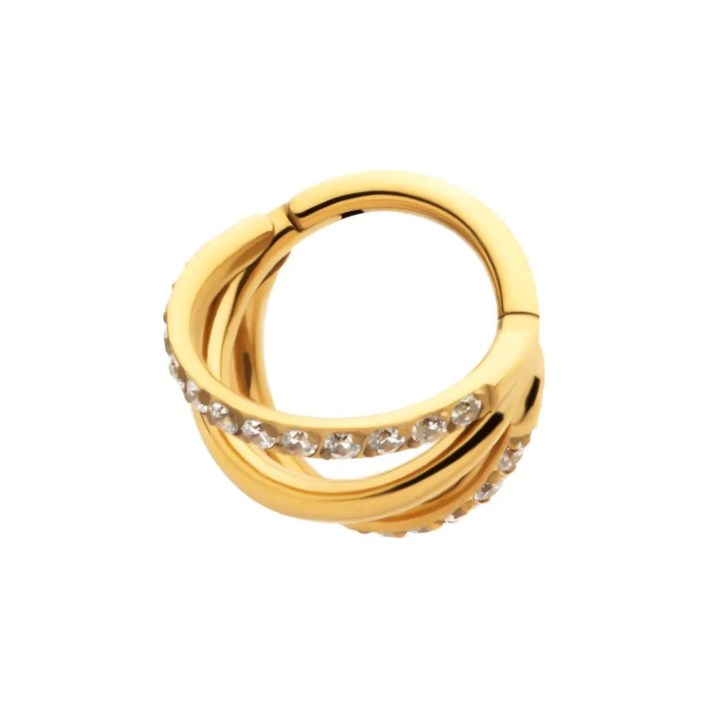 24Kt Gold PVD Titanium Triple Hoop with 1mm CNC Set Round Gem in 2 Alternate Hoops Side Facing Hinged Segment Clicker