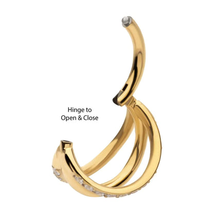 24Kt Gold PVD Titanium Triple Hoop with 1mm CNC Set Round Gem in 2 Alternate Hoops Side Facing Hinged Segment Clicker