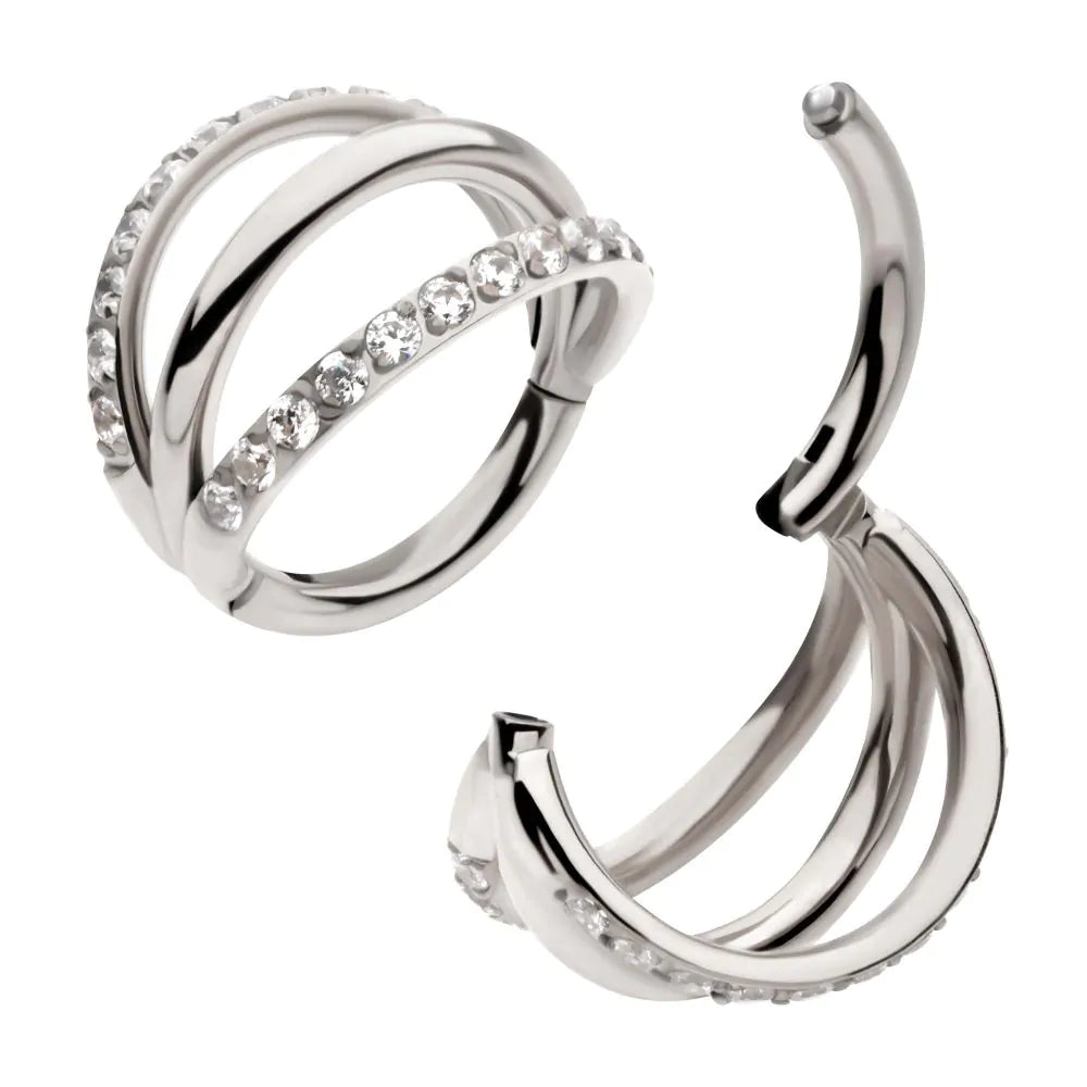 Titanium Triple Hoop with CNC Set 1mm Eternity Gem in 2 Alternate Hoops Side Facing Hinged Segment Clicker